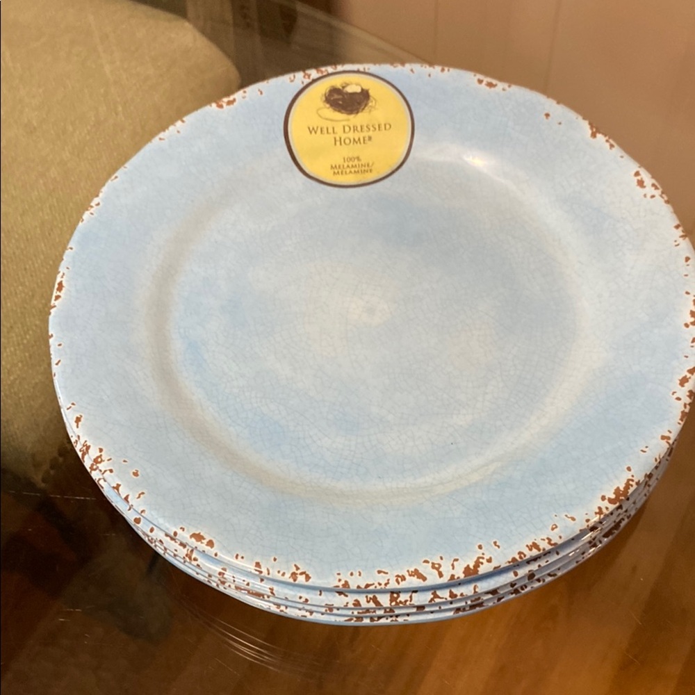 Bran New Set Of 4 11” Very Resistent Melamine Blue Dinner Plate Set